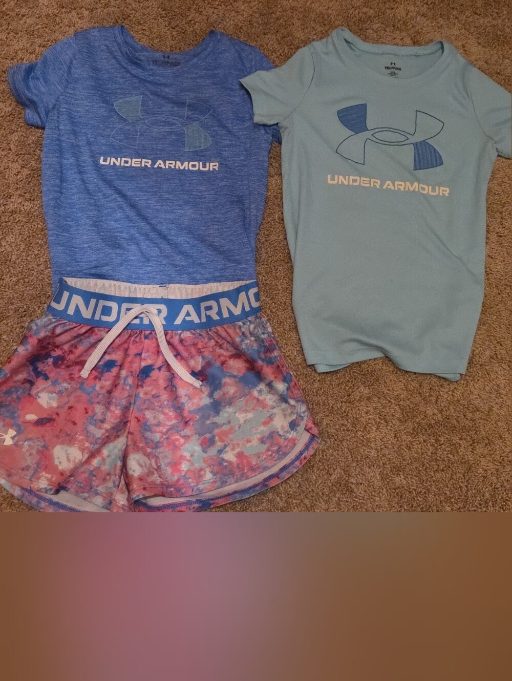 Under Armour Girls Blue Tee & Teal Logo Tee with Pink Multi Print Shorts